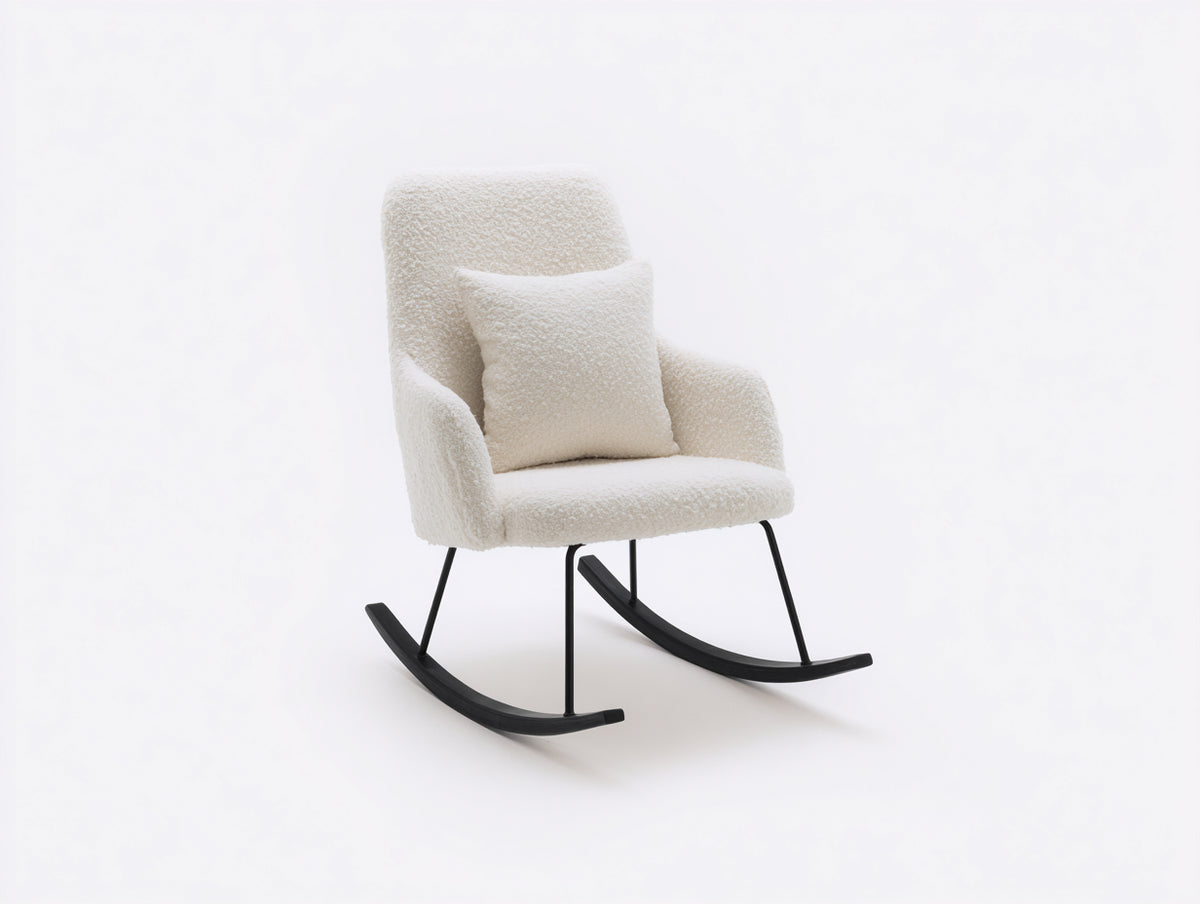 Sedia a dondolo-tessuto bouclé-metallo-legno-82x72x93 cm-bianco crema-minimalista