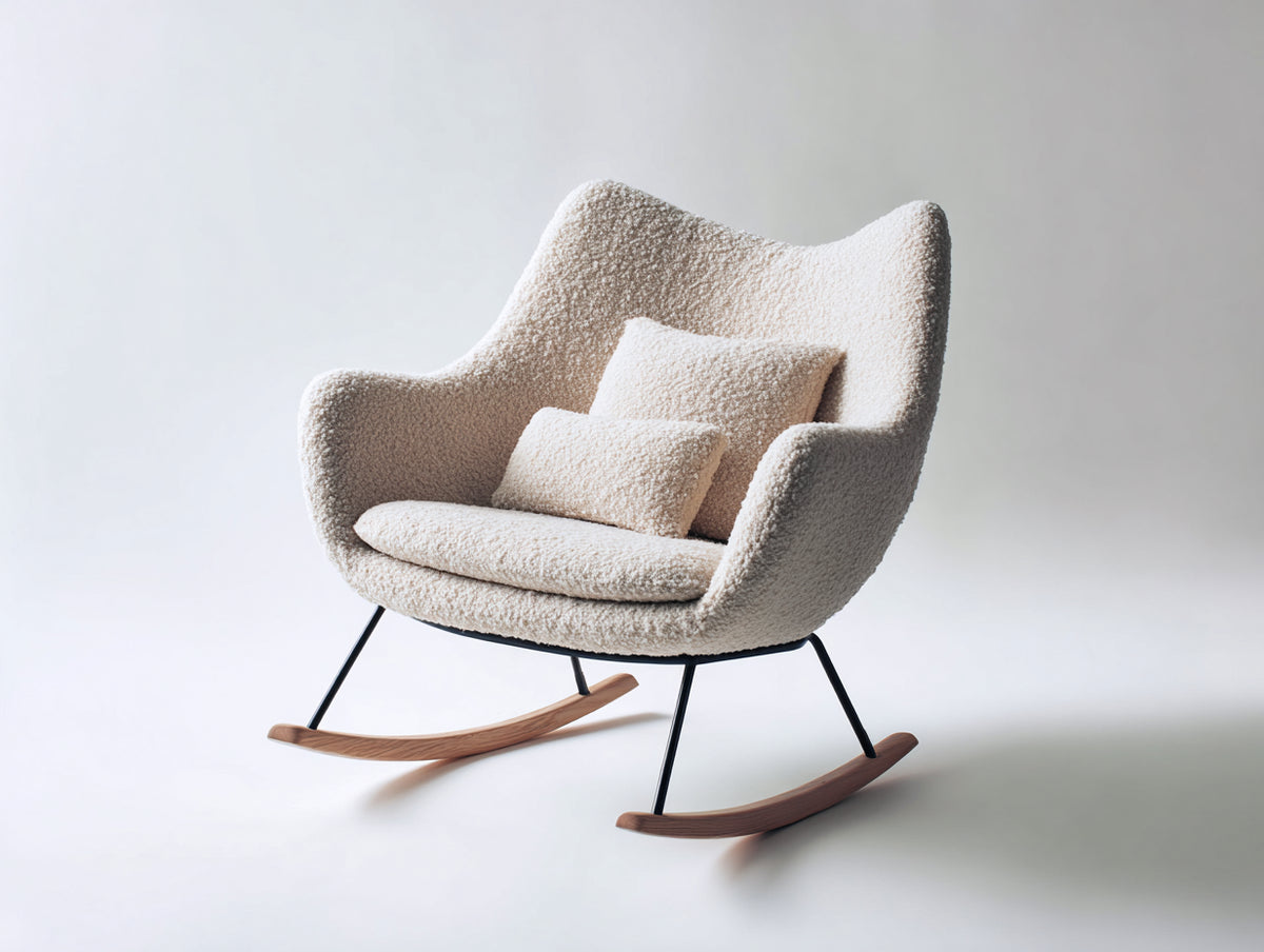 Sedia a dondolo - Tessuto bouclé-metallo-legno - 95 x 86 x 90 cm - Crema-Nero-Legno naturale - Stile moderno