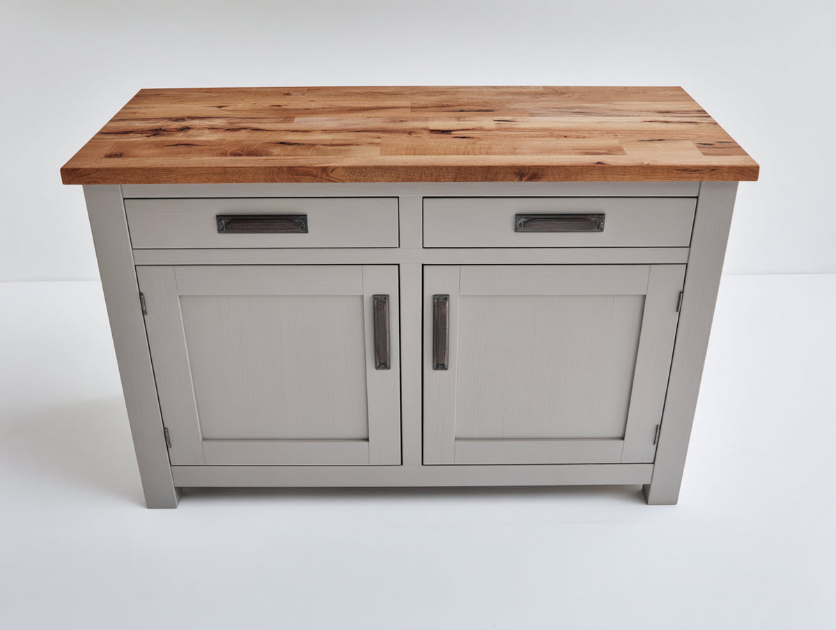 Credenza-Legno MDF con piano in legno massello-120x70x88 cm-Grigio chiaro-Legno naturale-Stile moderno minimalista