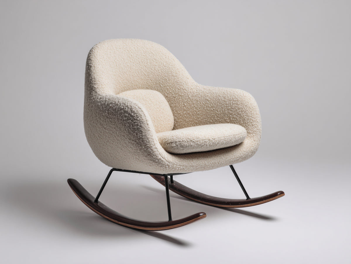 Sedia a dondolo - Tessuto bouclé-Metallo-Legno - 85x75x92 cm - Crema-Nero-Marrone scuro - Stile nordico