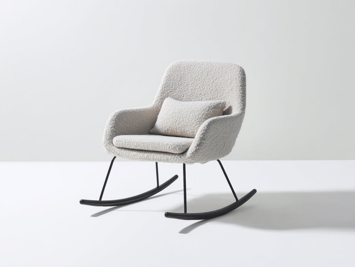 Sedia a dondolo-tessuto bouclé-metallo-legno-84x73x92 cm-grigio perla-minimalista