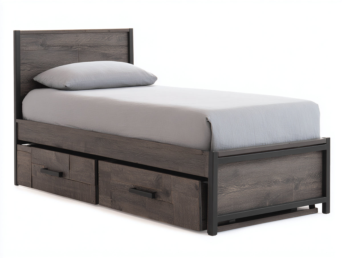 Letto singolo - legno-metallo - 212x102x111 cm - rovere grigio scuro-nero - industriale