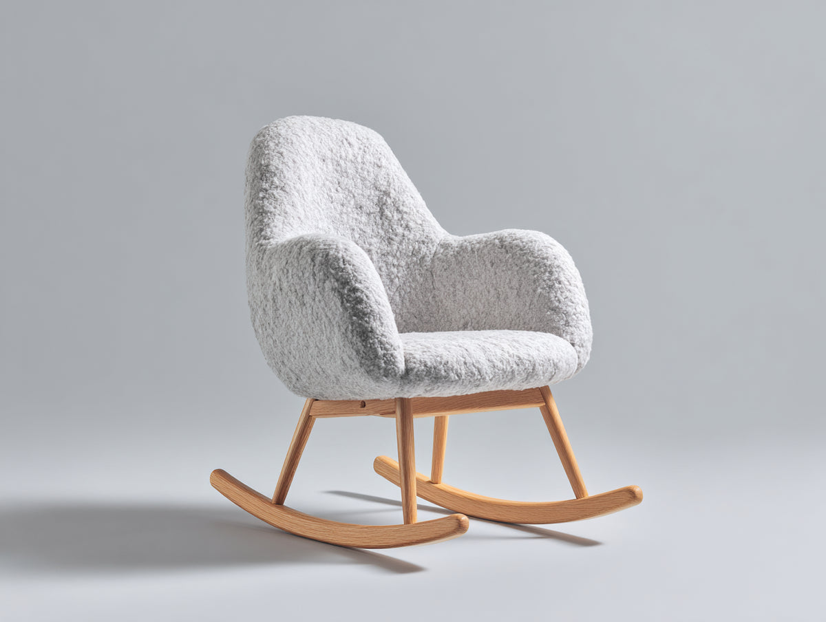 Sedia a dondolo - Tessuto bouclé-Legno - 78x69x94 cm - Grigio chiaro-Marrone chiaro - Stile scandinavo