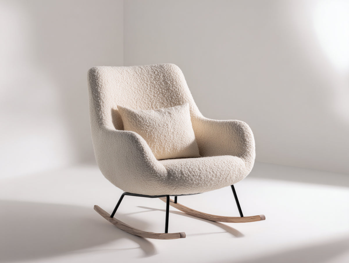 Sedia a dondolo - Tessuto bouclé-metallo-legno - 91 x 83 x 96 cm - Crema-Nero-Legno naturale - Stile moderno