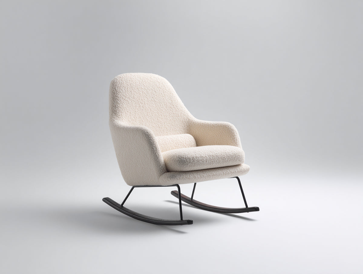 Sedia a dondolo-tessuto bouclé-metallo-legno-90x76x96 cm-crema caldo-moderno